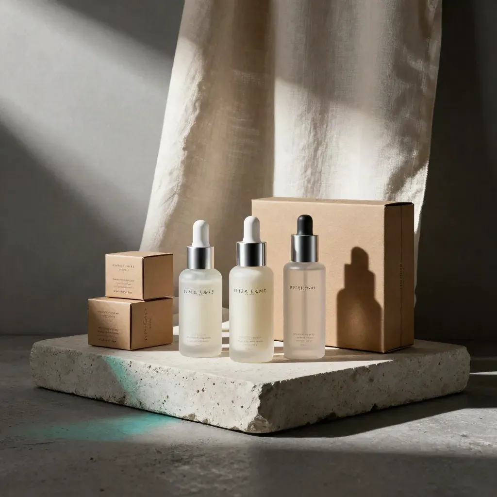 Skincare-lansering på stenplint med kartonger, flaskor och en mörk, filmisk studiohörna.
