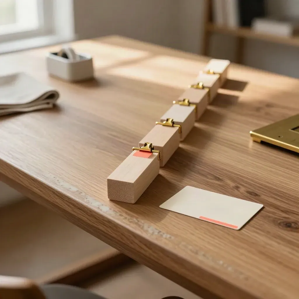 Modulär lanseringstidslinje med träblock, mässingsklämmor och korallfärgade tabbar på ett bord.