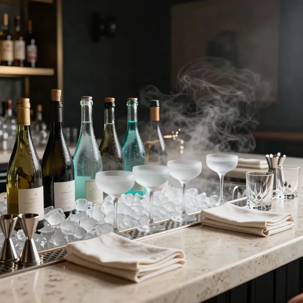 Tom dryckesbar med iskylda flaskor, glas och servetter i en mörk kvällslokal.