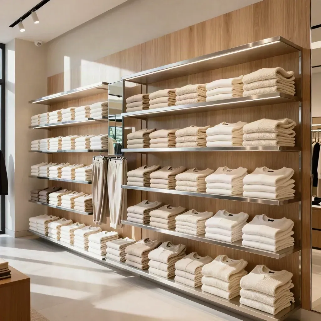 Ny merchandiserad modevägg i butik med vikta kläder, speglar och tända displayljus.