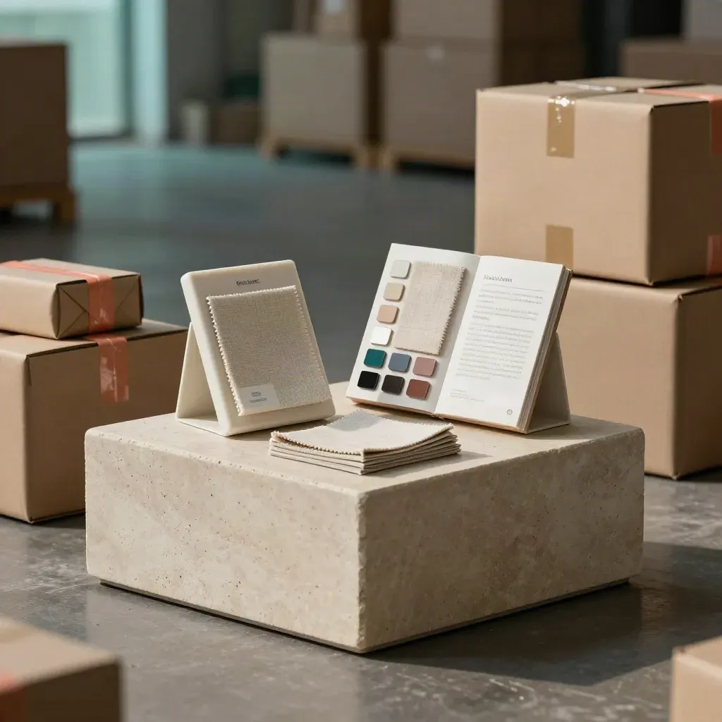 Produktpedestal med två samples, materialprover och kartonger i mjuk lagerdimma