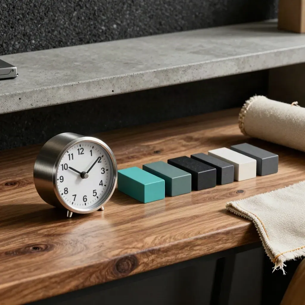 Segmenterad timer, färgkodade klämmor och modulblock på en mörk planeringsbänk