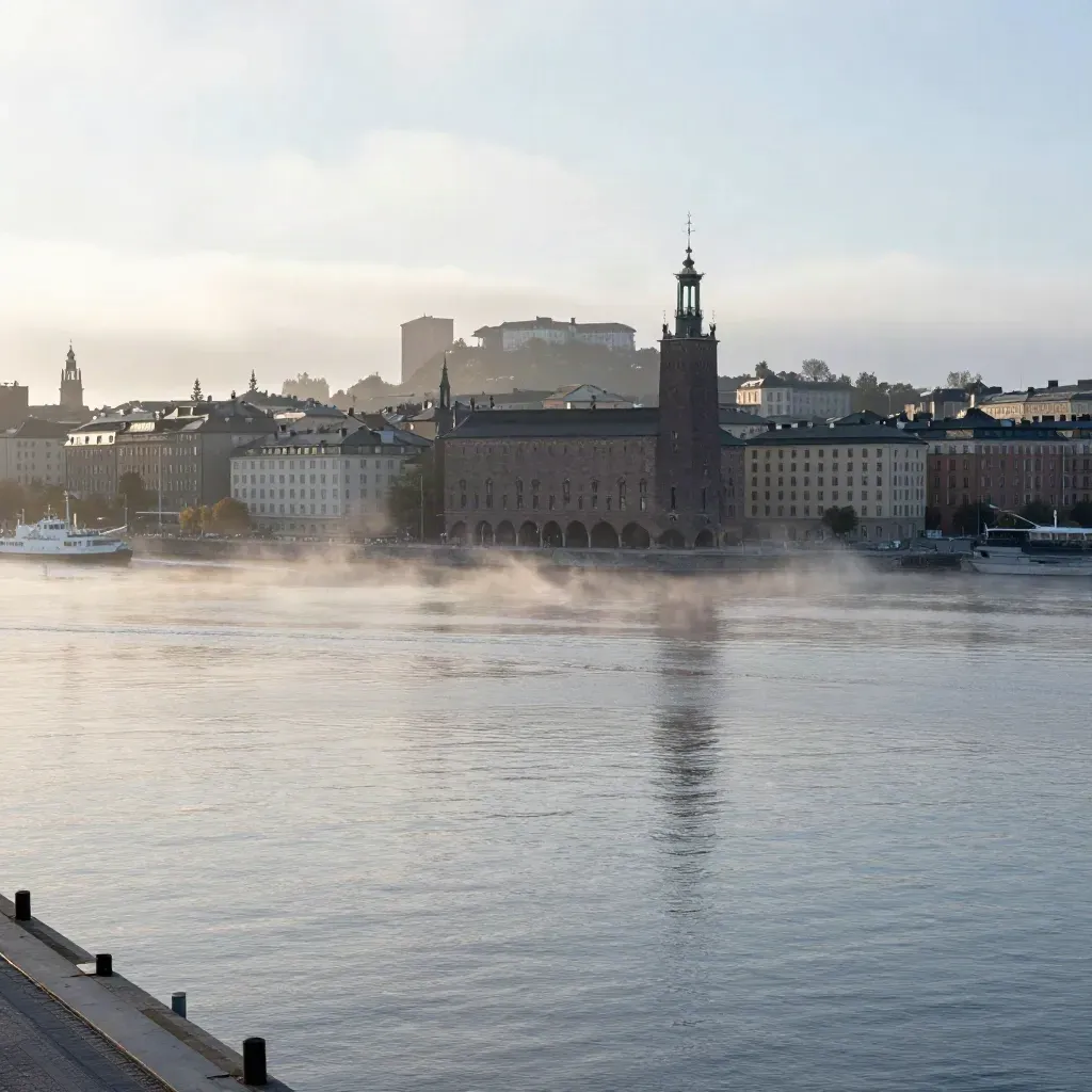 Stockholms skyline med Stadshuset i morgondis över stilla vatten