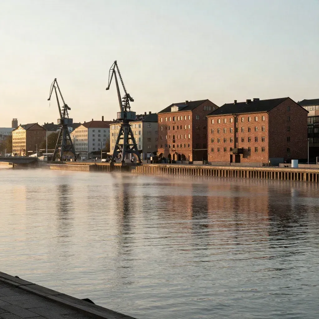 Göteborgs riverfront med kranar och tegelhus i varm skymning över lugnt vatten