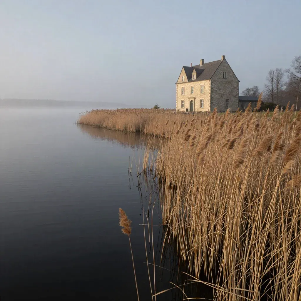 Pale stone manor vid Mälarens strand med vass, stilla vatten och vinterdis.